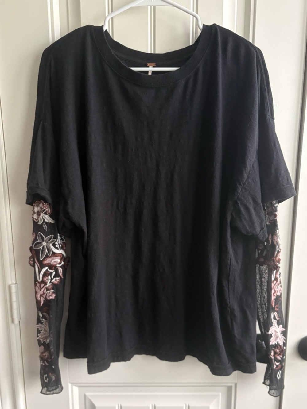 Free People Black Tee with Embroidered Floral Lace Sleeves - Picture 2 of 6